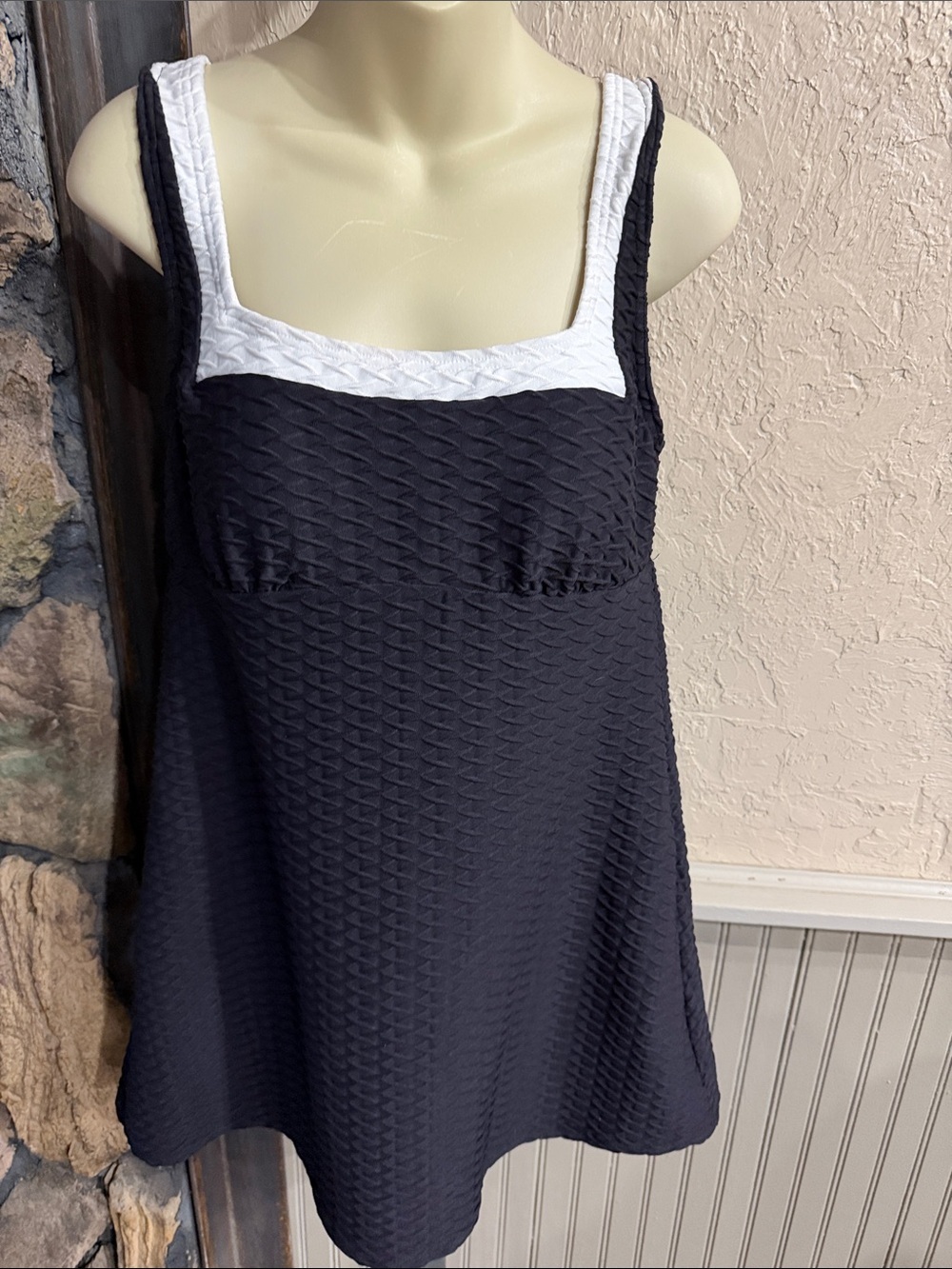 Black Textured Swim Dress with White Square Neckline